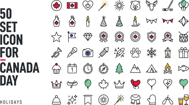 Canada Day holidays 50 line art icon setCanada Day holidays 50 line art icon set