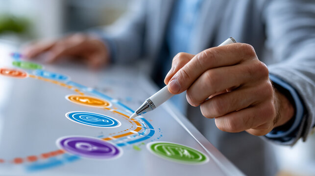 Anonymous professional building a customer journey map with segmented touchpoint icons on a digital whiteboard, personalized marketing strategy concept, faceless, defocused, with