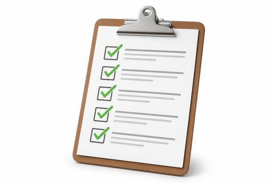 Wooden clipboard holding a document with five green checkmarks, indicating completed tasks.