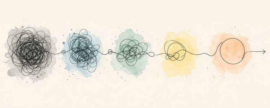 Visual metaphor illustrates the transition from chaos to order, showing tangled lines gradually straightening into a clear, singular path.