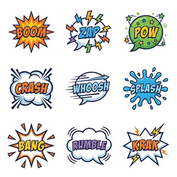 Collection of comic book sound effect words in speech bubbles.