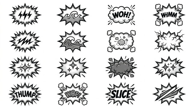 Collection of comic book speech bubble sound effects hand drawn.