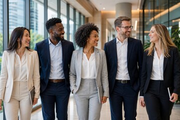 Obraz premium Diverse business professionals walking and talking in a modern office hallway, exuding confidence and collaboration.