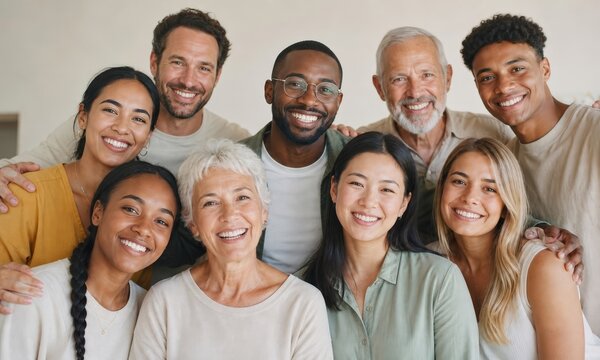 Diverse group of eight smiling people of varying ages and ethnicities pose together closely for a heartwarming and joyful group portrait.