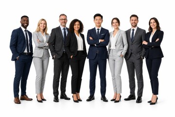 Obraz premium Group of ten diverse business professionals stand in two rows, smiling confidently and dressed in formal attire, showcasing a united corporate team.