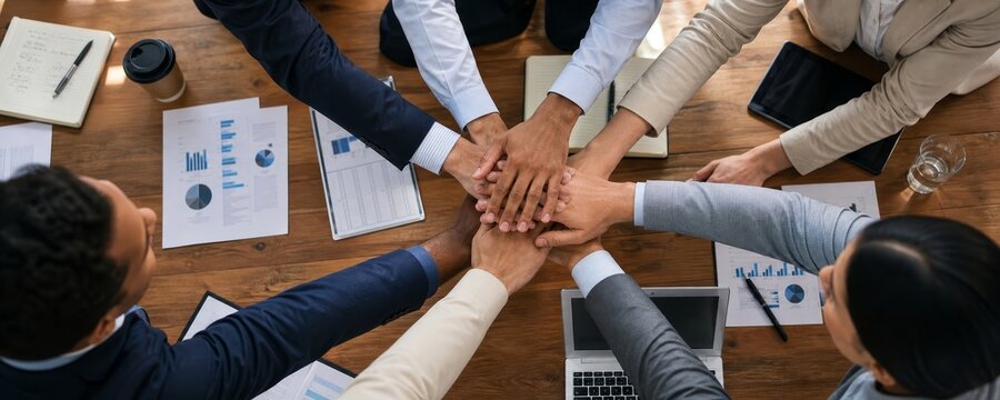 High-angle shot of diverse hands joined together in a circle on a wooden table, symbolizing unity and teamwork.