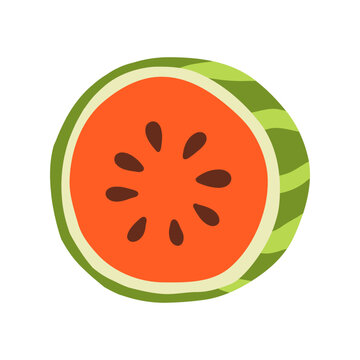 Vector round watermelon piece with red flesh and scattered seed. Simple juicy melon fruit half for logo, label and packaging.