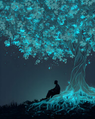 Obraz premium Meditating man under glowing digital tree representing spiritual growth, technology, and mental wellness.
