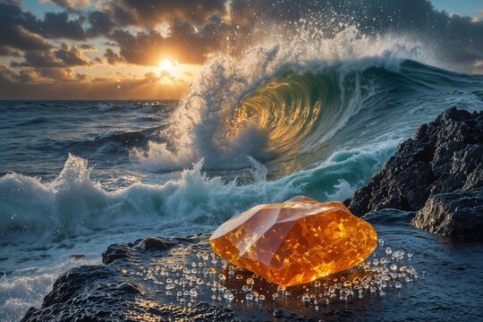 A precious chunk of natural ambergris glowing on volcanic coastal rocks under dramatic sunset light with powerful ocean waves breaking in the background. Commercial perfume concept.