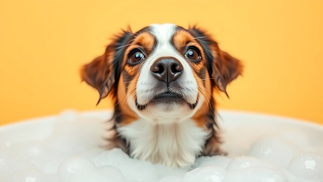 A playful dog enjoying a bubble bath, surrounded by foam and bubbles in a lighthearted moment.