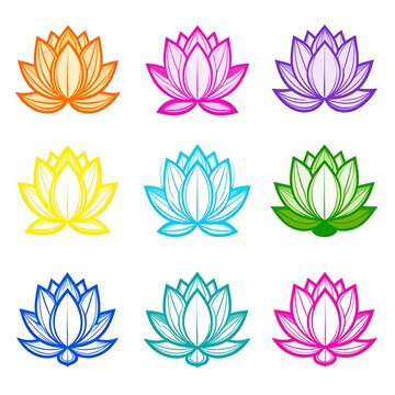 A 3x3 grid of stylized lotus flower icons in vibrant colors