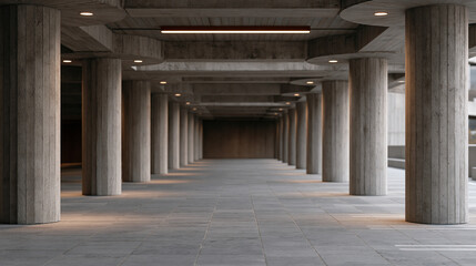 Fototapeta premium Empty brutalist parking structure interior with raw concrete columns retreating into shadow and harsh fluorescent band overhead, ideal for urban architecture portfolios, real