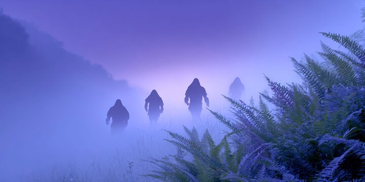 four silhouettes of cavemen running in the foggy night with a dark blue color grading