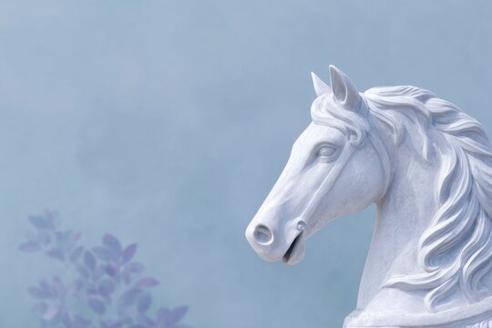 a white horse on a carousel, in white painting, with a blue background.