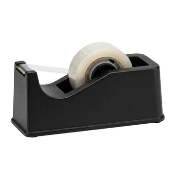 Clear adhesive tape roll in black desktop dispenser