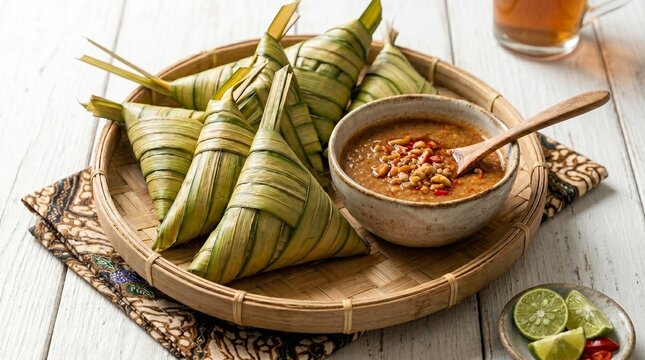 An appetizing high-angle shot of traditional wrapped Indonesian ketupat palas rice cakes on a bamboo tray, served with a bowl of chunky peanut sauce and fresh lime slices.