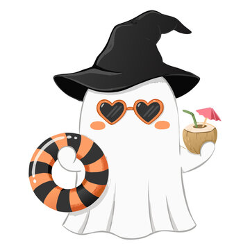 
A cartoon illustration of a cute ghost wearing a black witch hat and heart-shaped sunglasses, holding a black and orange striped inner tube in its right hand and a coconut drink with a pink umbrella 
