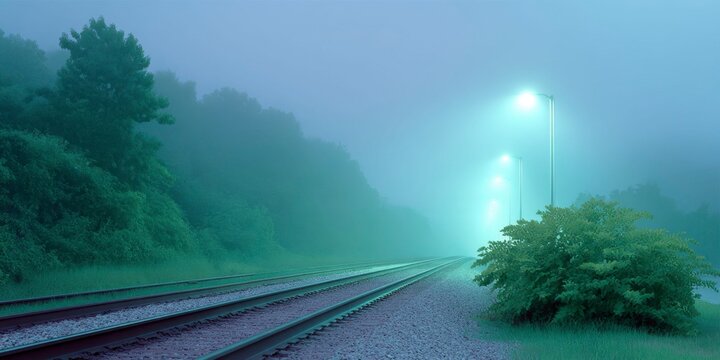 train tracks in the night, with a green glow from street lights and a misty atmosphere.