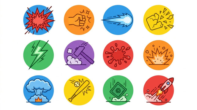 Collection of comic book style action effect icons.