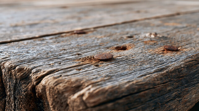 Heavily textured reclaimed timber plank detail with embedded nail rust staining and weathered silver grain surface, aged industrial material ideal for craft brewery interior