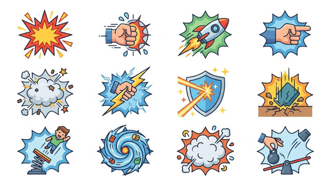 Collection of comic book style action explosion and impact icons.