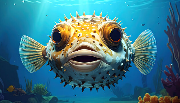 A pufferfish with large golden eyes and spiky texture floats underwater amidst coral reefs and sunlit rays, conveying a sense of wonder