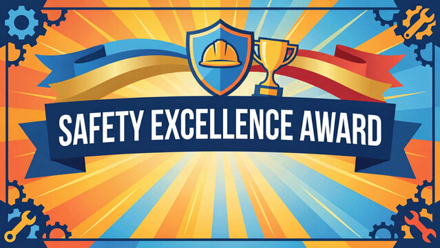 Safety excellence award banner for workplace occupational health recognition program honoring outstanding achievement in industrial construction site safety standards and compliance