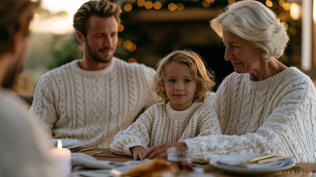 A family of three generations at a holiday gathering that has clearly turned tense, with two adults turned away from each other and grandma attempting to redirect the conversation