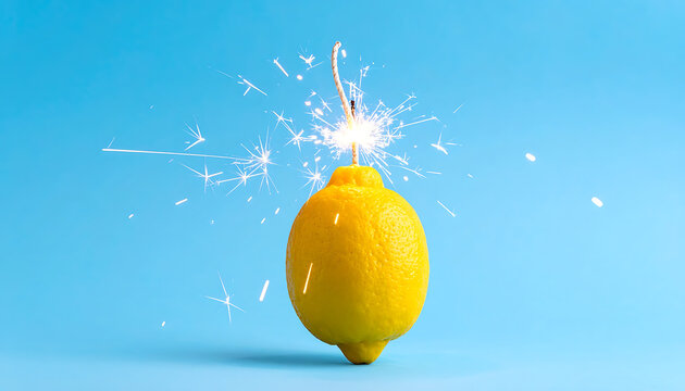 A whole yellow lemon with a sparkler lit on top exploding with bright white sparks against a solid blue background