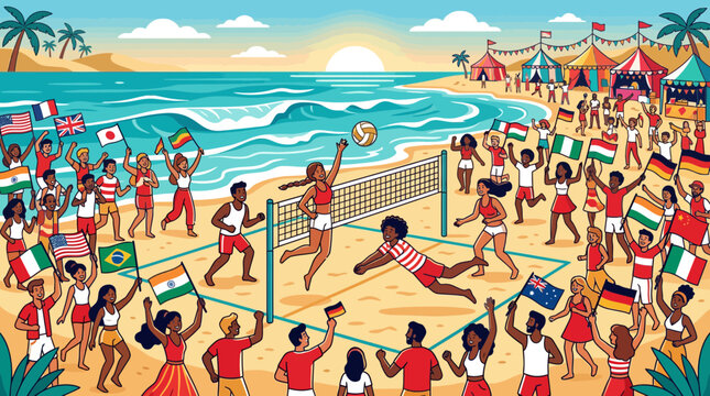 Diverse Crowd Cheers Beach Volleyball Game Under Sunny Sky with International Flags