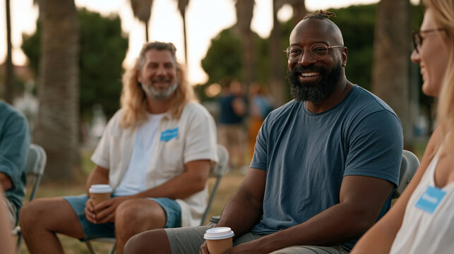 Small group of adults seated in public park on folding chairs arranged in circle, name tags visible, holding coffee cups in casual outdoor atheist community meetup, trees in