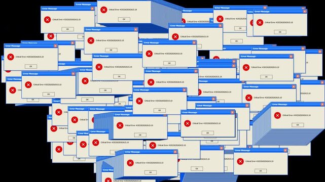 Retro System Failure with Cascading Critical Error Windows and Digital Glitch Animation
