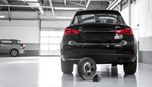 Black luxury sedan undergoing tire change in a modern garage, service bay, auto repair, vehicle maintenance