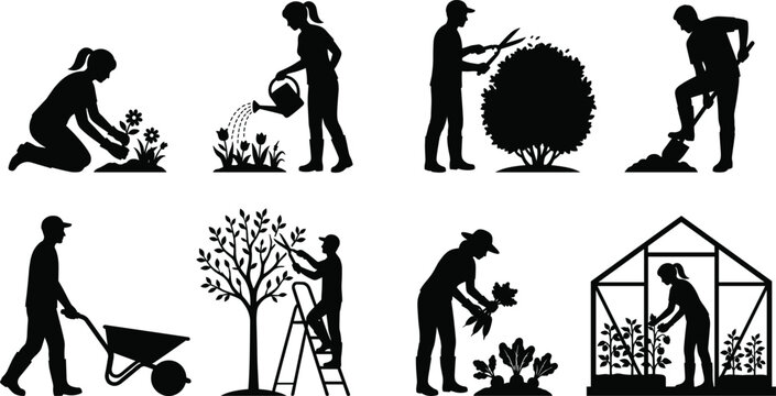 Set of black silhouettes featuring people gardening, planting, pruning trees, and harvesting vegetables in a greenhouse environment