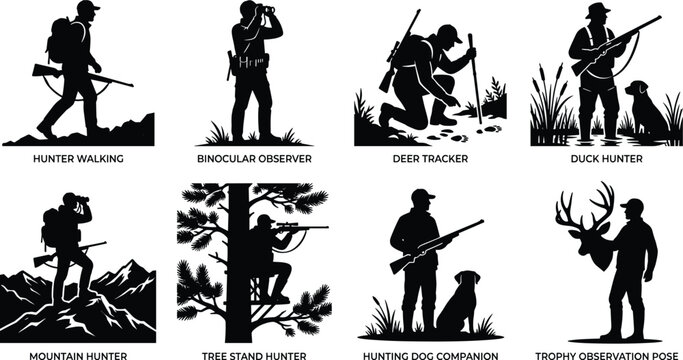 Silhouette hunting vector icon set featuring hunters walking, tracking, observing wildlife, using tree stands, and hunting with dogs.