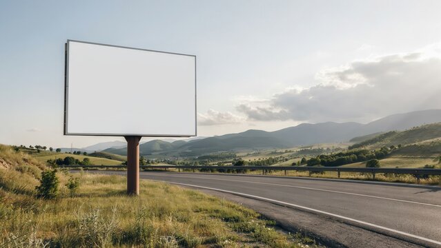 Blank billboard mockup on the side of a mountain road with scenic landscape background