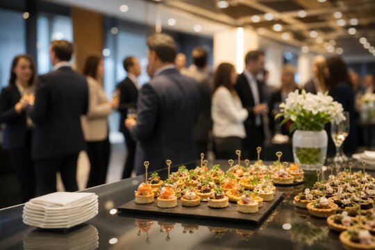 Appetizers and drinks are displayed on a counter at a corporate event or networking reception with blurred guests in the background.
