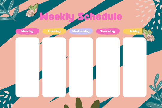 Colorful weekly planner template featuring bold abstract geometric patterns, pastel tones, floral decorations, and dedicated weekday columns. Modern schedule organizer suitable for students, professio