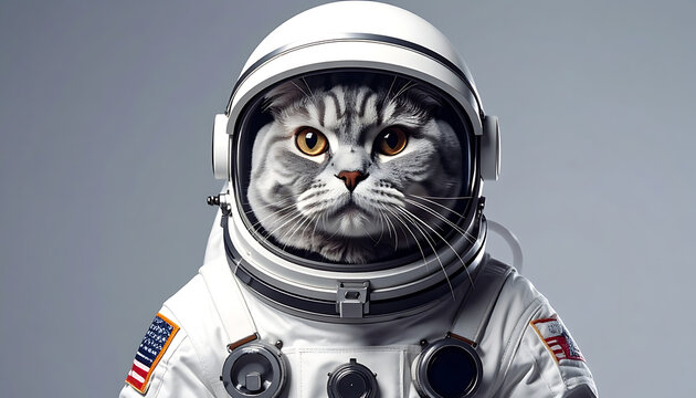 Close up of a cat in a spacesuit with American flag patch, looking forward, neutral gray background, space exploration concept