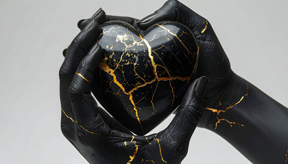 black heart with golden cracks held by dark hands, kintsugi concept, love and brokenness, emotional fragility