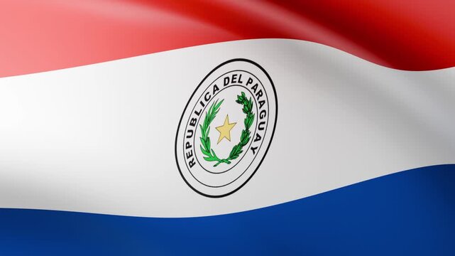 3D animation of the Paraguay flag waving with realistic cloth physics and close-up view