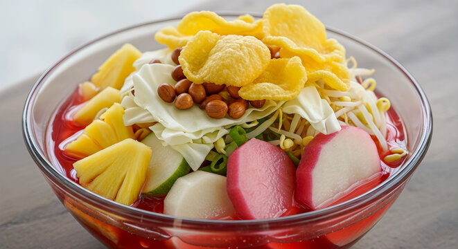 Traditional Indonesian Asinan Bogor with Fresh Vegetables, Pineapple, Peanuts and Crispy Crackers