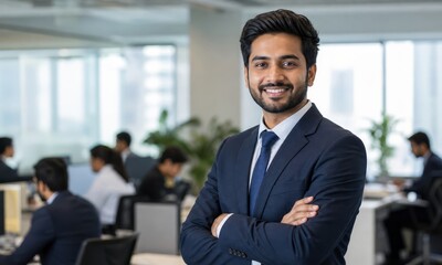 Fototapeta premium Smiling indian man with a beard, wearing a dark suit and blue tie, poses with his arms crossed in a modern office environment.