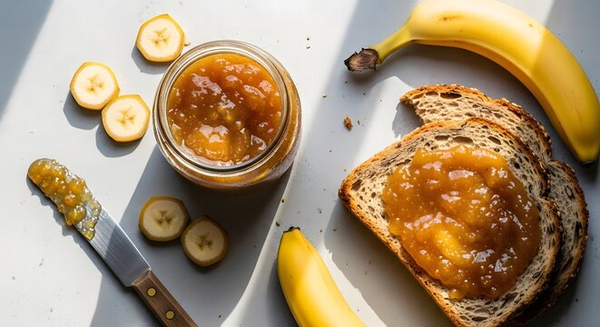 Delicious banana jam spread on toast with fresh bananas.