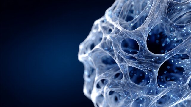 Abstract blue glowing organic web structure with floating particles resembling microscopic cellular networks or neural connections.