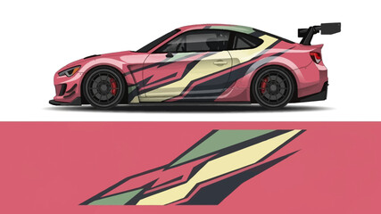 Naklejka premium Pink racing car with stylized gold and black graphics on track.