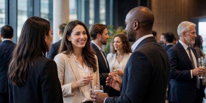 Two business colleagues are laughing and conversing while holding drinks at a professional networking event.