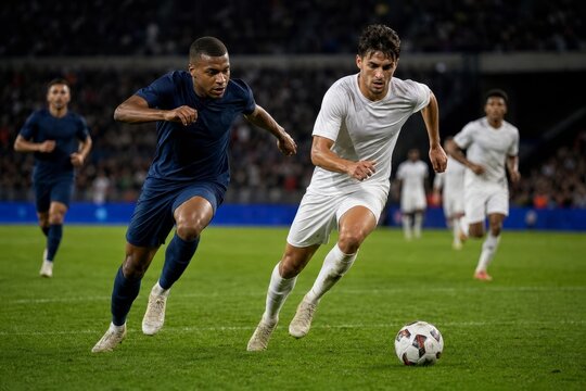 Two professional male soccer players in distinct uniforms race for the ball on a vibrant green soccer field.