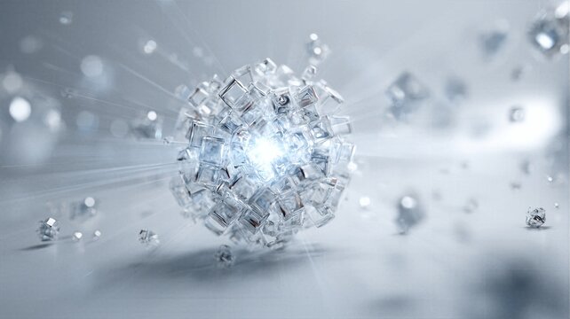 Abstract floating crystal sphere composed of glowing ice cubes emitting bright light rays in a sleek silver environment.