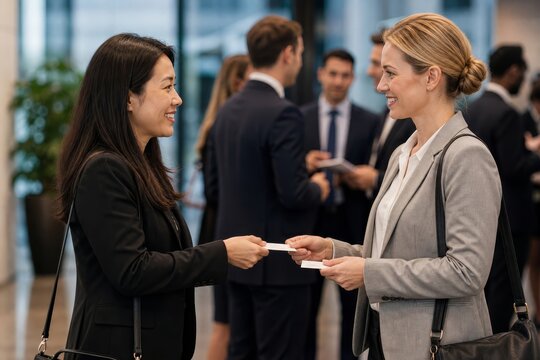 Two professional women exchanging business cards during a networking event in a modern office setting.